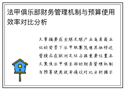 法甲俱乐部财务管理机制与预算使用效率对比分析